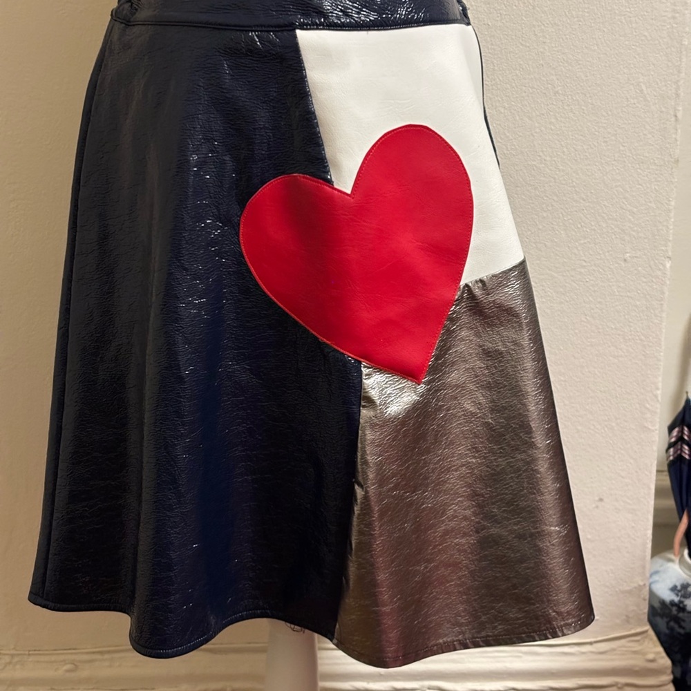 Vintage Colorblock A-Line Faux Leather Skirt with Red Heart Accent
